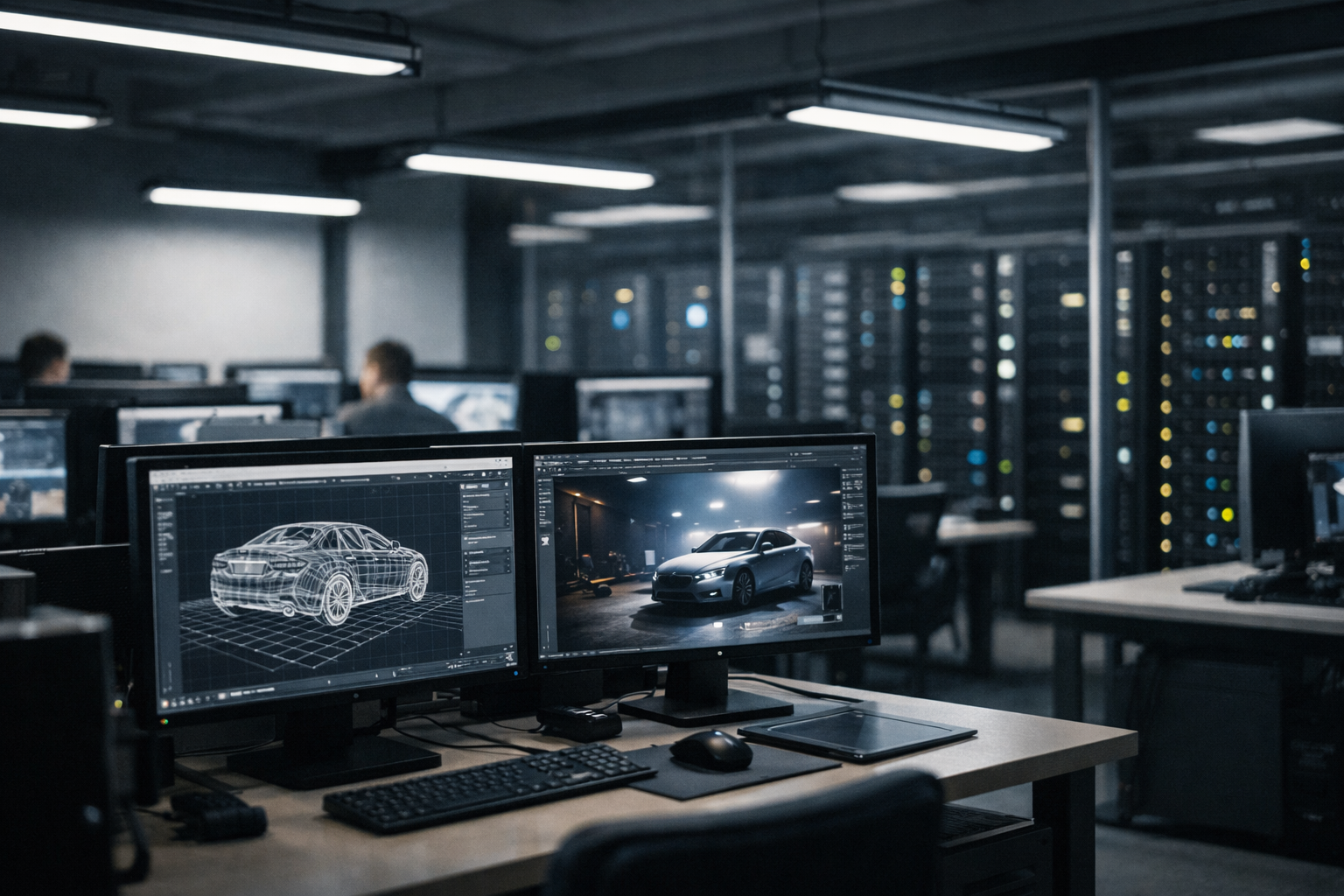 rows of rendering workstations inside a large post-production facility, screens showing wireframe 3D models and lighting renders, overhead fluorescent lighting casting a cool glow across the equipment