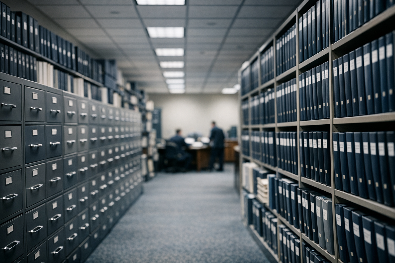 a wide-angle view of a government legislative archive room filled with rows of filing cabinets and stacked regulatory binders along the walls