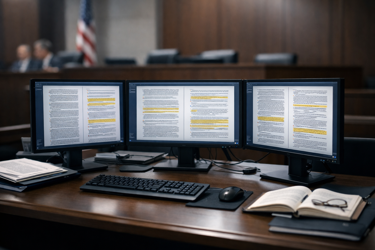 a government office workstation showing multiple monitors displaying dense columns of legal text and highlighted regulatory clauses
