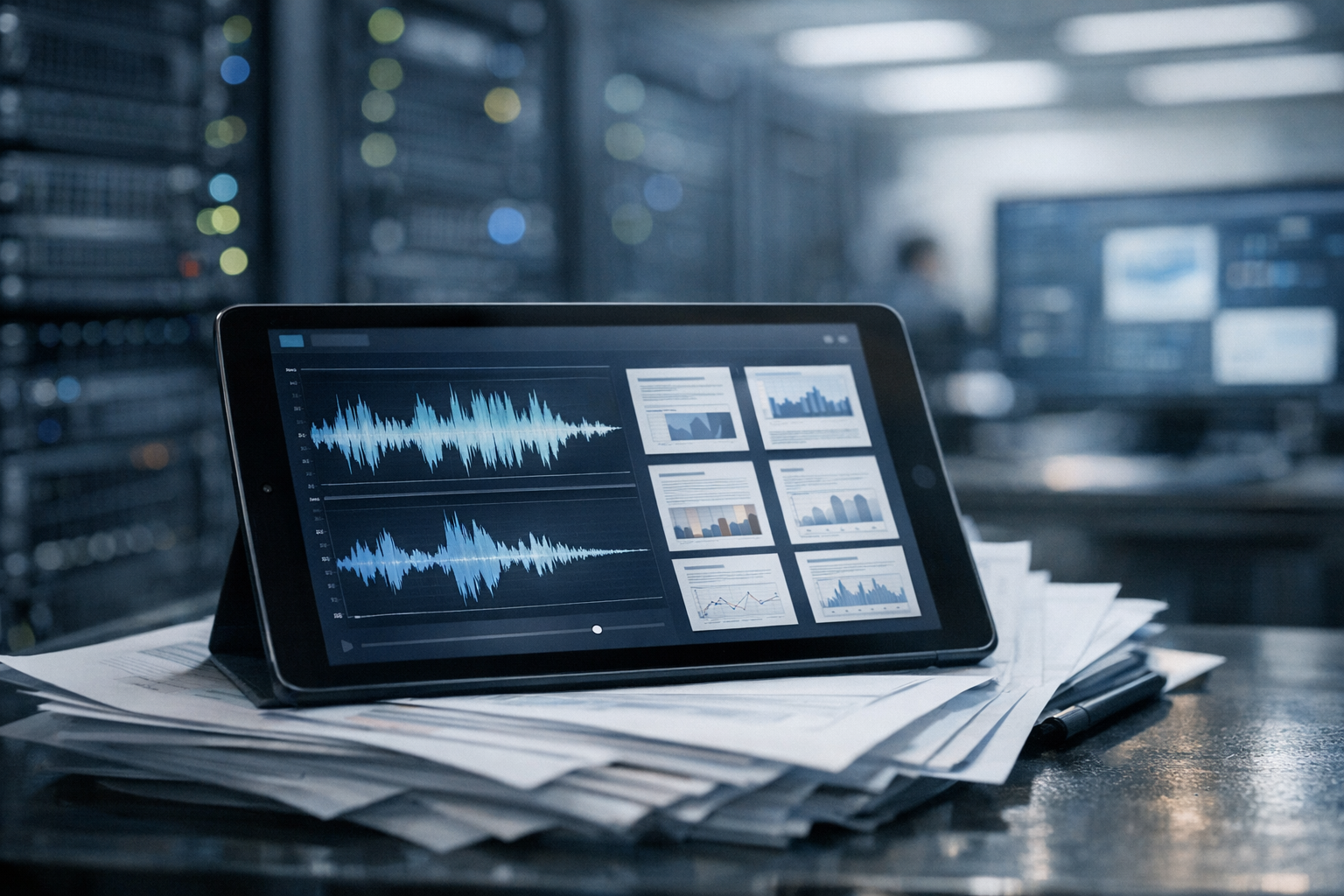 close-up of a tablet displaying audio waveform visualizations alongside document thumbnails in a research assistant application, resting on a stack of printed papers