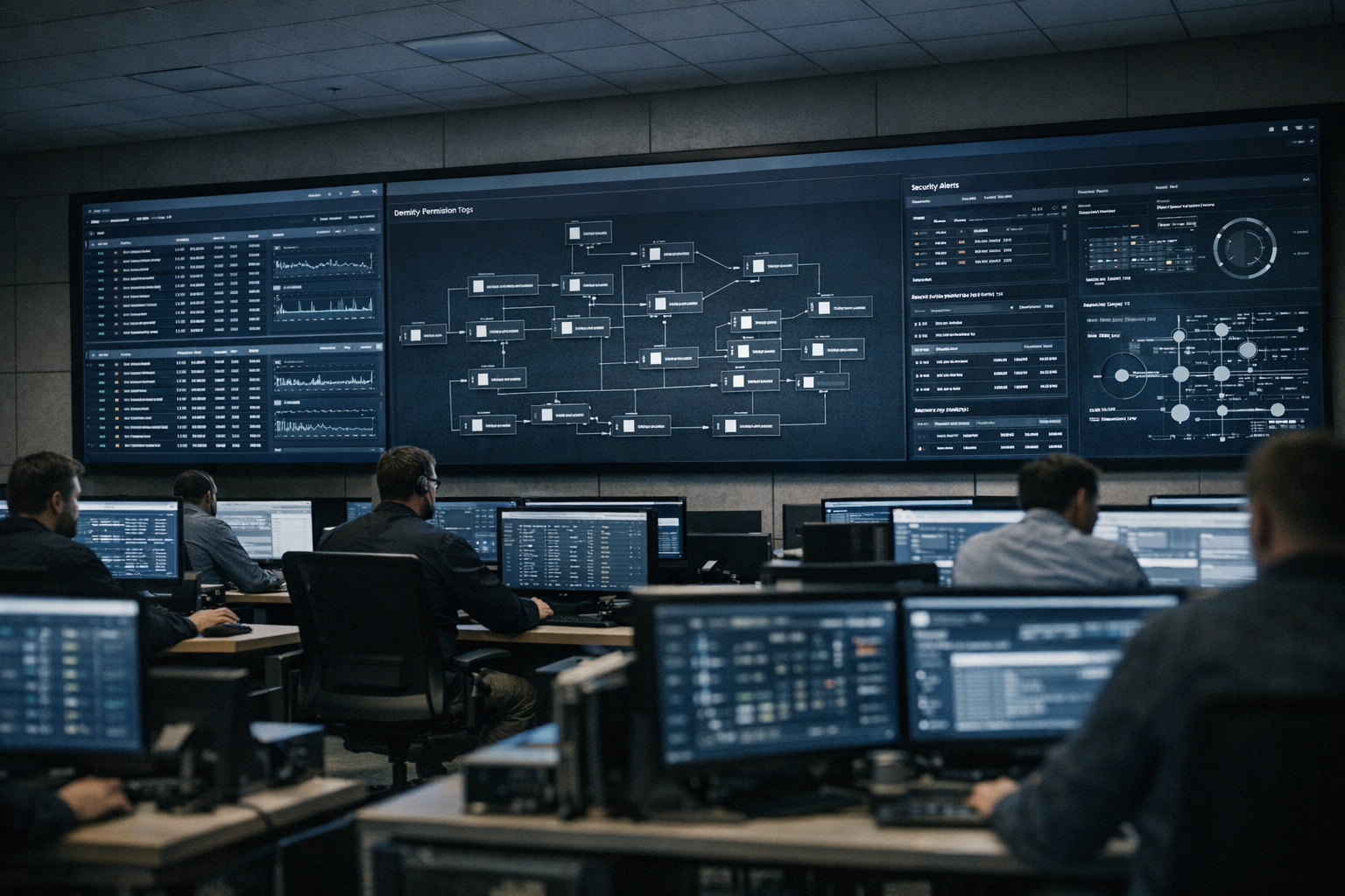 a large enterprise network operations center with multiple screens displaying real-time access logs and identity permission trees, viewed from a wide angle showing the room's scale