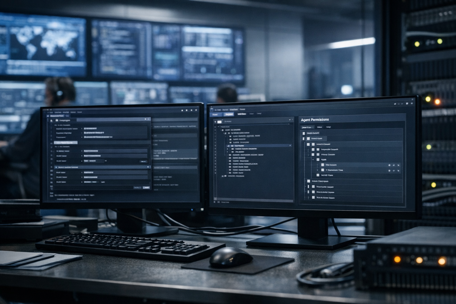 a developer workstation with multiple terminal windows open showing API credential management interfaces and agent permission hierarchies on a dark-themed monitor