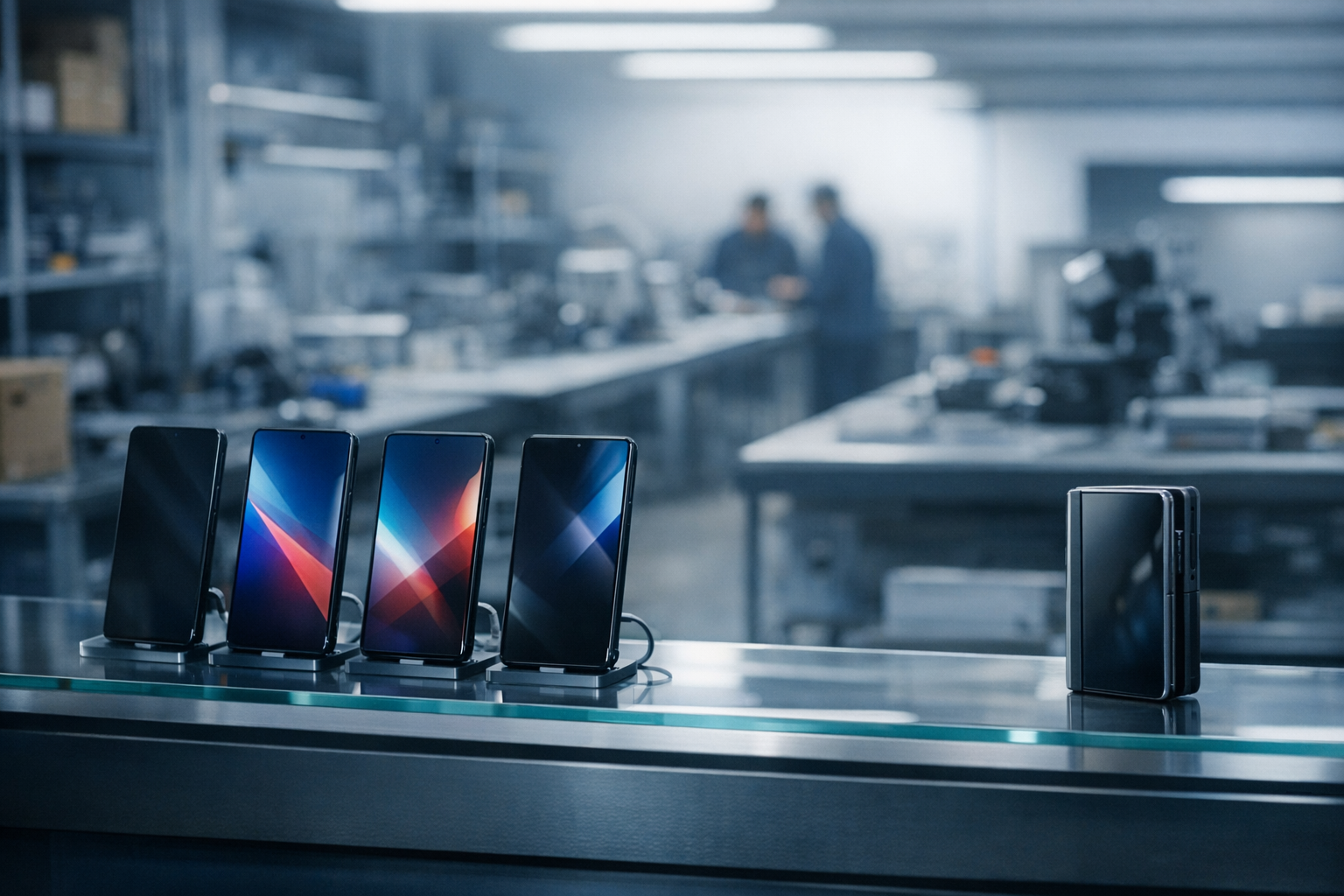 a row of flagship smartphones displayed under retail store lighting on a minimalist glass shelf, one visibly different brand pushed to the far edge