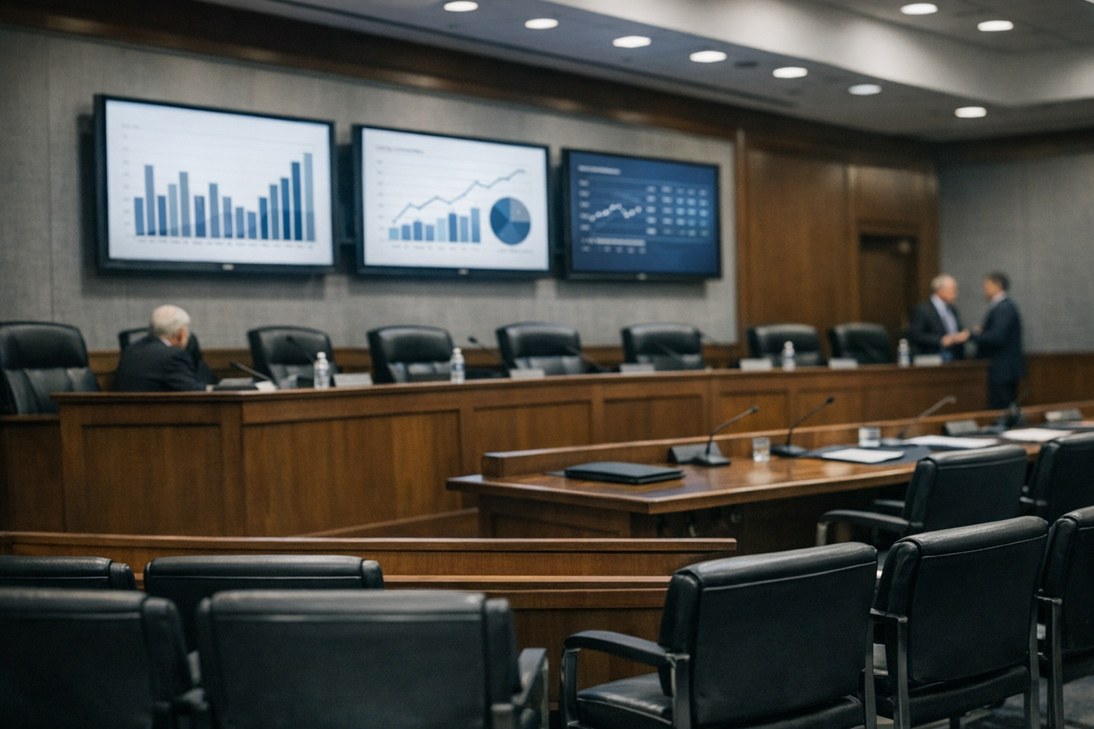 a wide-angle view of a government regulatory hearing room with empty chairs, long wooden tables, and wall-mounted displays showing data charts
