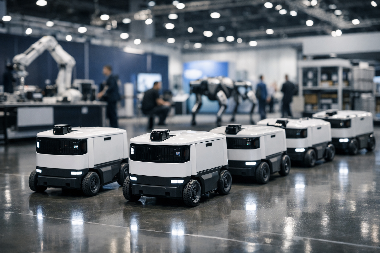 A row of white autonomous delivery robots staged on a polished exhibition hall floor under bright LED lighting at a major technology conference
