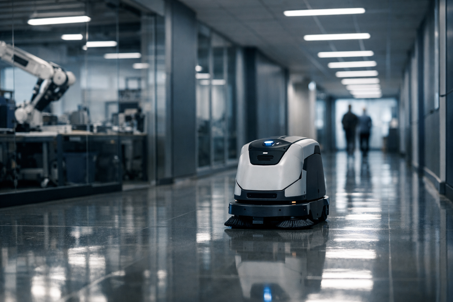 A compact autonomous floor-cleaning robot navigating a wide corridor in a modern commercial building, with glossy floor tiles reflecting overhead fluorescent lights