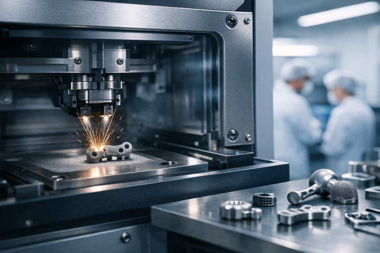 a metal 3D printer mid-process producing a small titanium implant component inside a cleanroom medical facility