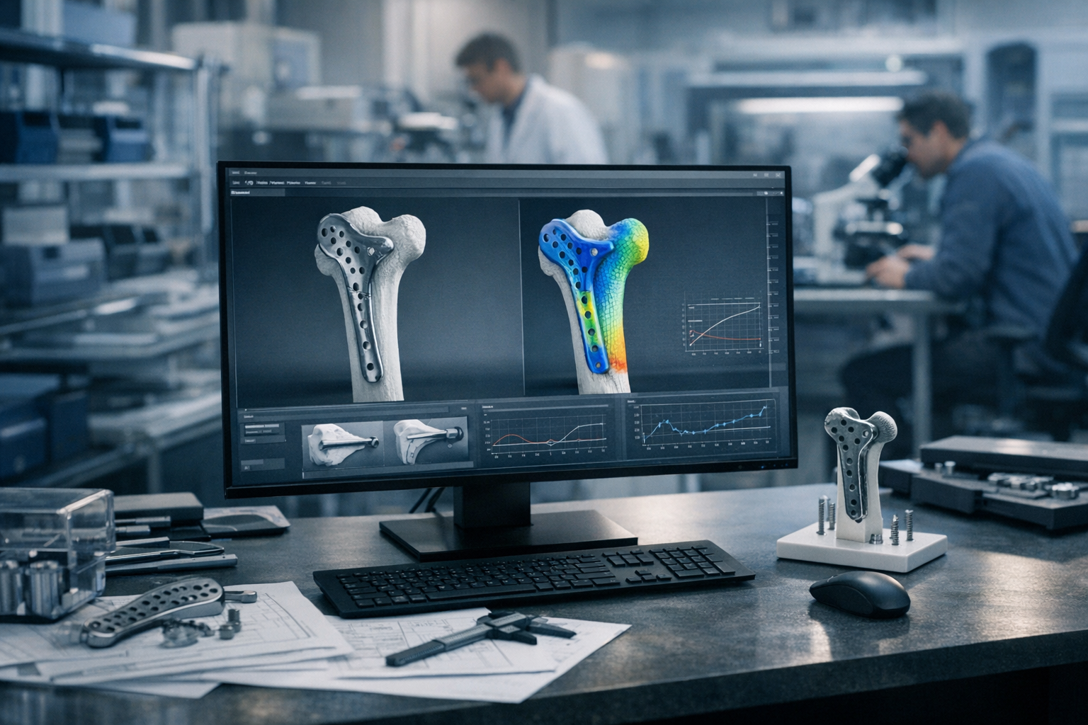 a computer workstation displaying a three-dimensional CAD model of a bone implant with simulation overlays, inside a hospital engineering lab