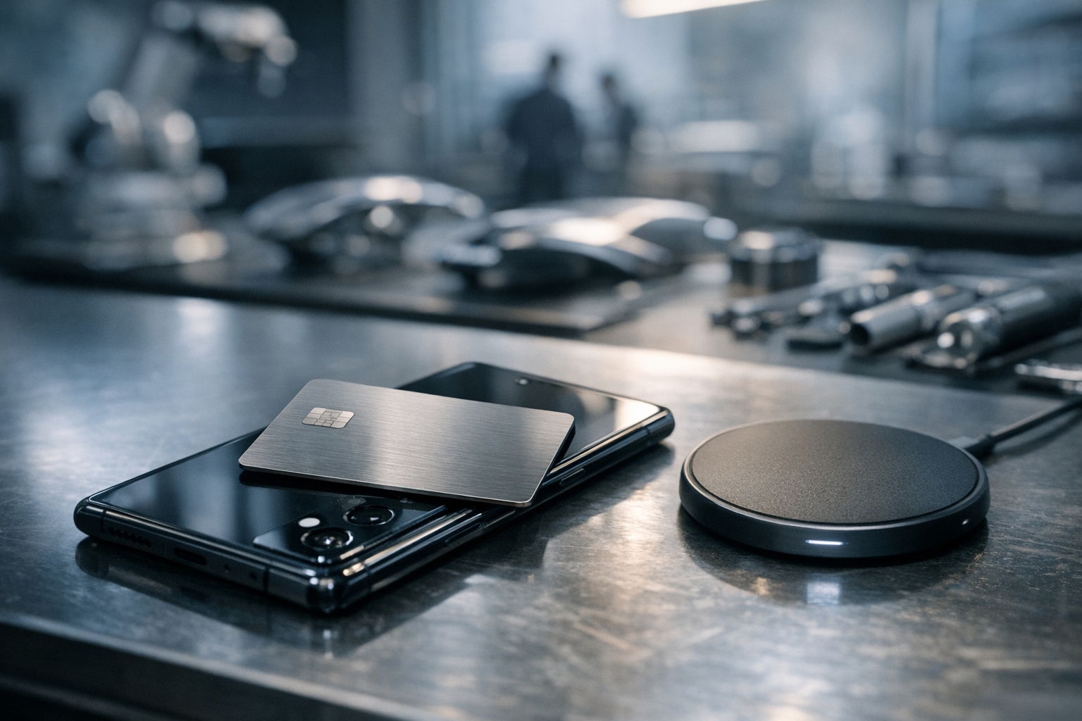 a sleek titanium credit card resting on the glossy surface of a Samsung Galaxy smartphone beside a wireless charging pad