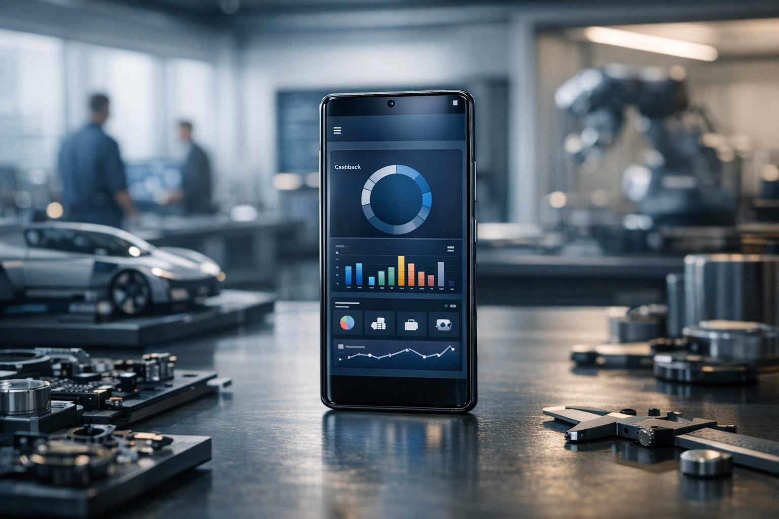 a Samsung Galaxy smartphone displaying a financial dashboard app with cashback rewards and spending categories on screen