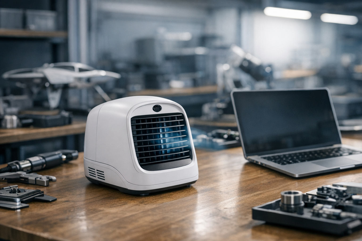 a compact white personal fan and cooling device sitting on a wooden desk beside a laptop, angled slightly toward the viewer