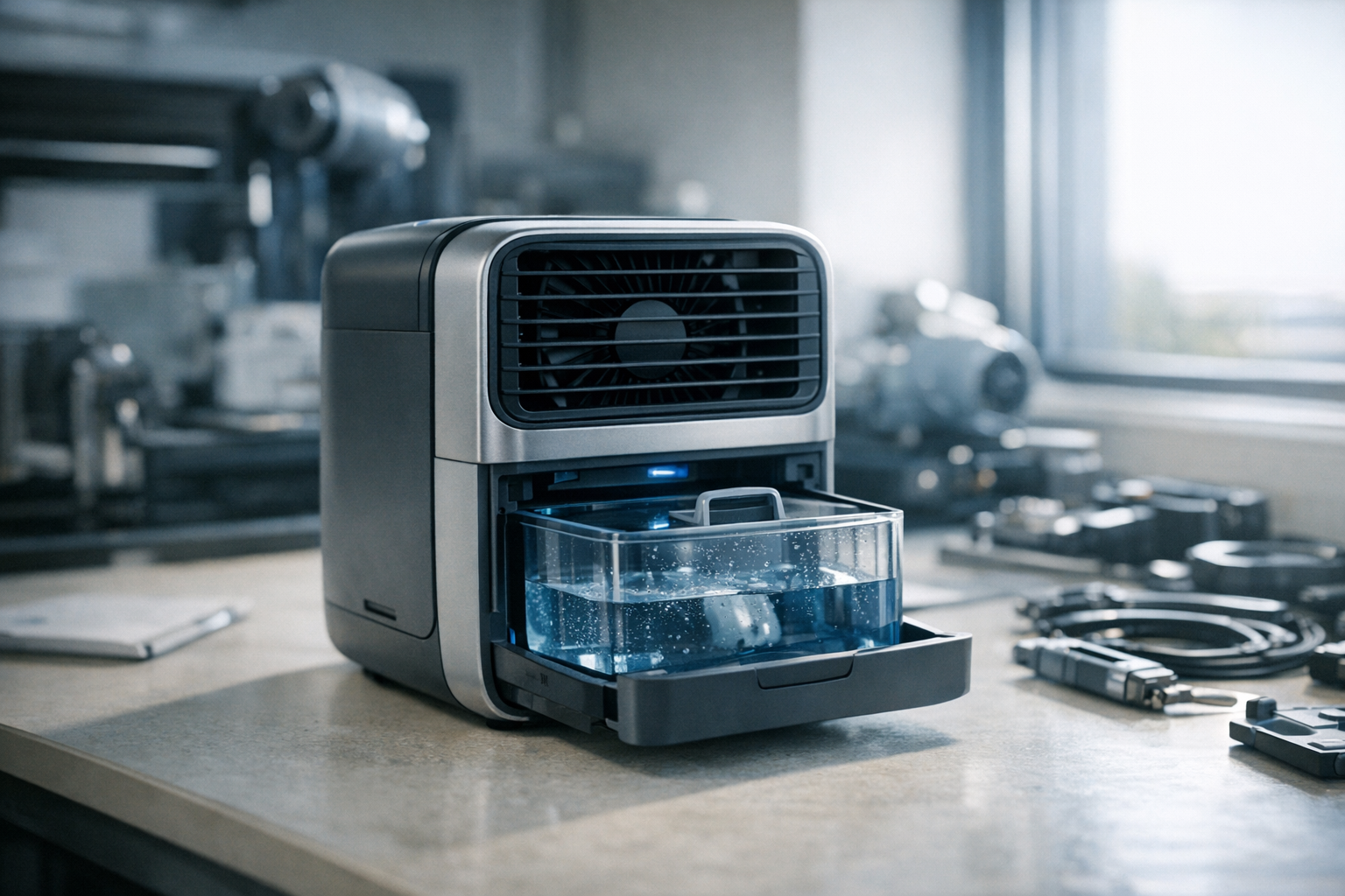 close-up of a small portable fan cooling unit with a water reservoir compartment open, resting on a light surface near a window