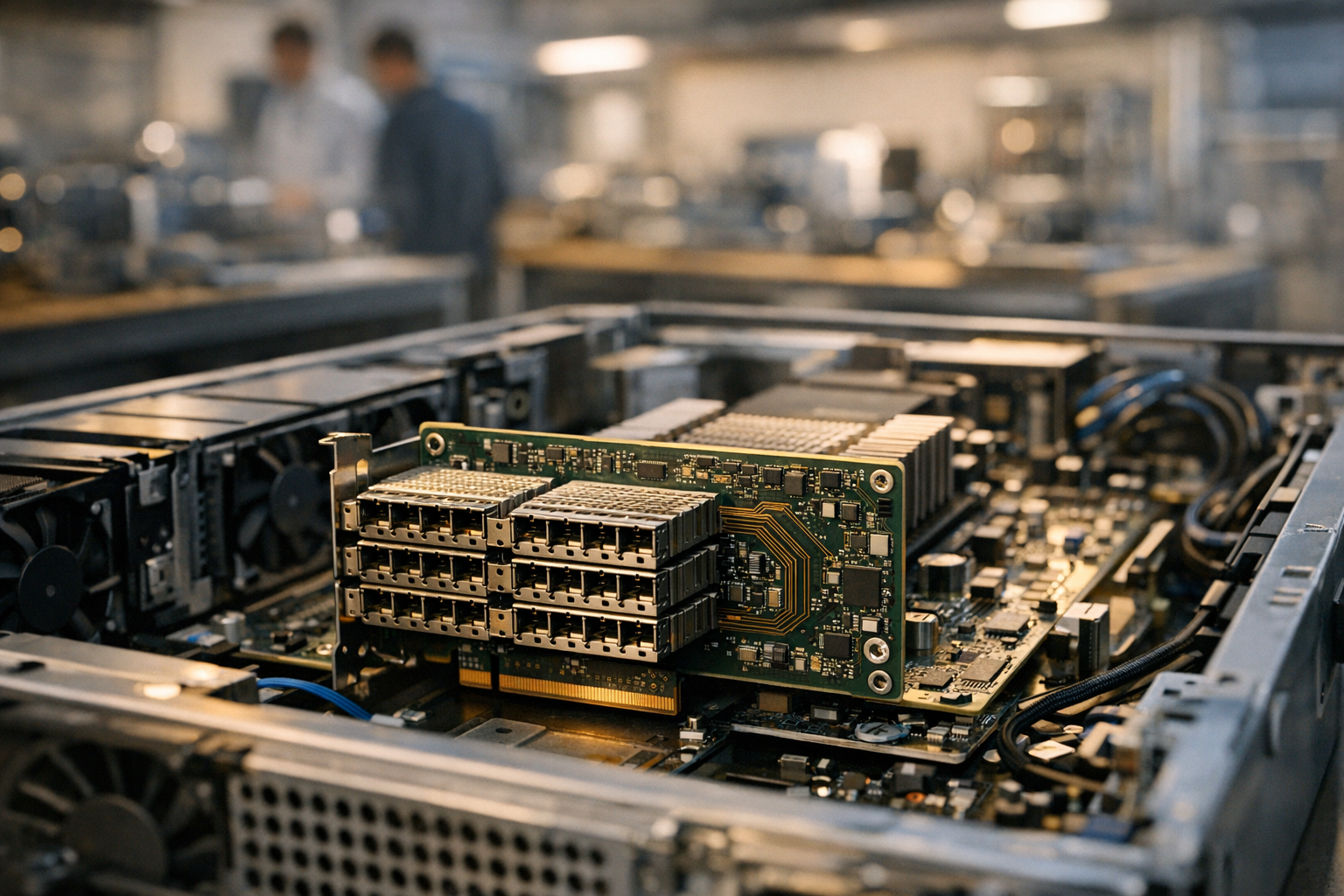 close-up of a high-density network adapter card seated inside an open enterprise server chassis, with copper traces and edge connectors visible under warm lab lighting