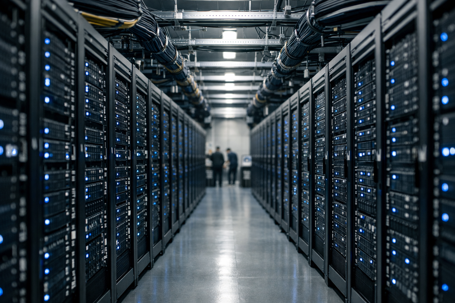 rows of high-density server racks inside a large-scale data center aisle, with dense cable bundles running overhead and blue indicator lights visible across multiple chassis