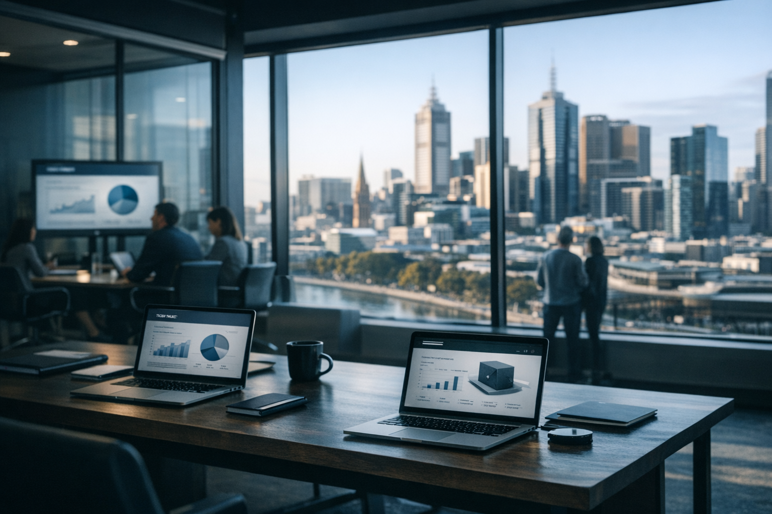 a sleek co-working space in a modern Australian city with large windows overlooking a downtown skyline, laptops open on desks, startup pitch decks visible on screens