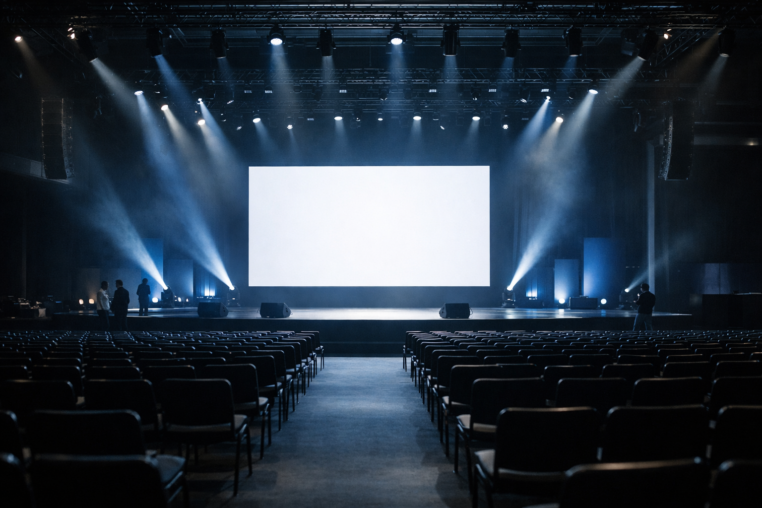 a wide shot of a large technology conference main stage with dramatic lighting and rows of empty seats awaiting an audience, a single presentation screen glowing at center