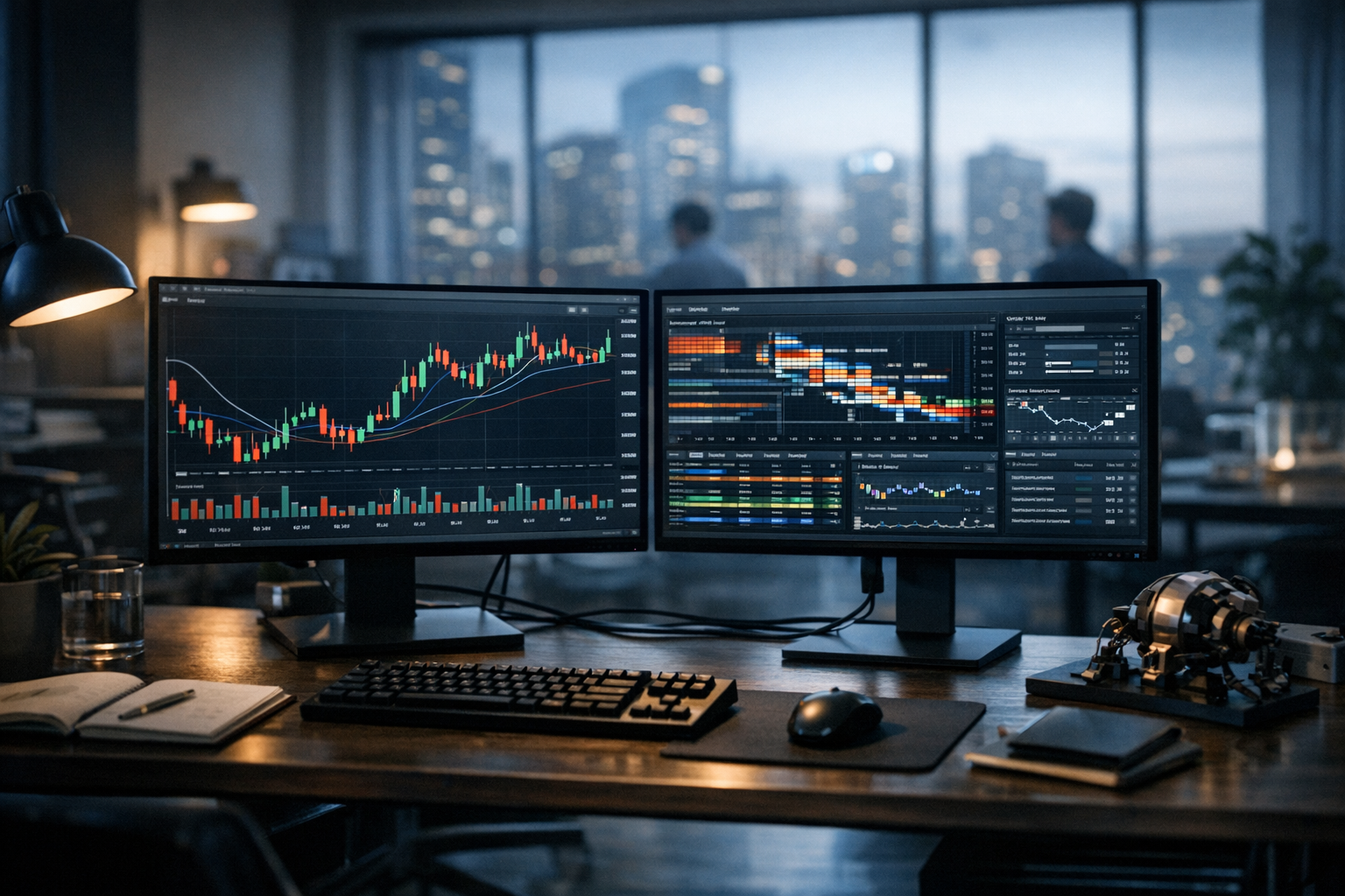 a dual-monitor trading workstation displaying candlestick charts, order flow data, and algorithmic strategy panels in a dimly lit home office setup