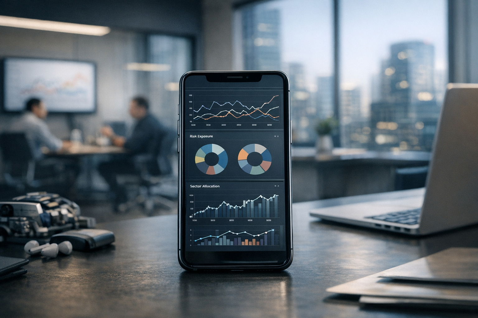 a smartphone screen showing a portfolio analytics dashboard with risk exposure graphs, sector allocation wheels, and a backtesting results timeline