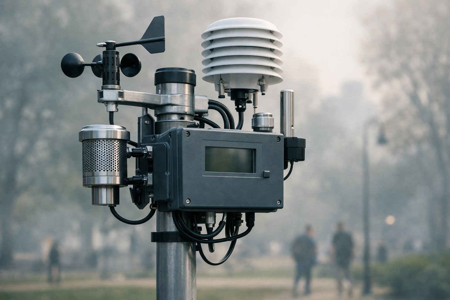 a close-up of an outdoor air quality monitoring station mounted on a metal pole with a city park blurred in the background through smoky haze