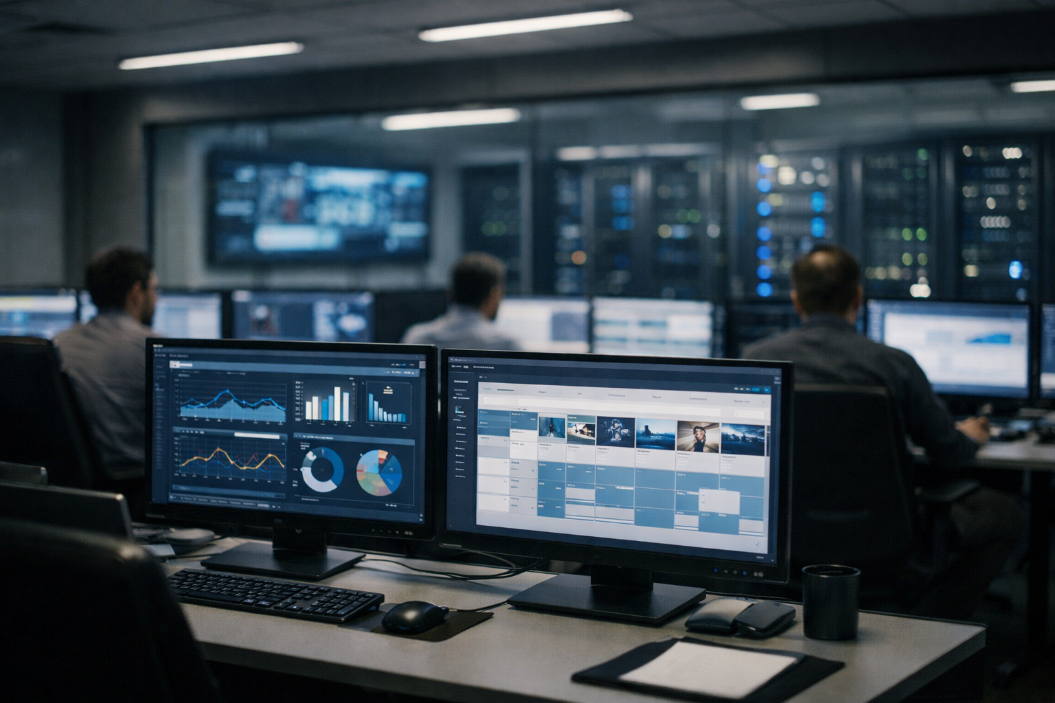 rows of computer monitors in a digital operations center showing analytics dashboards and content scheduling interfaces, softly lit from overhead