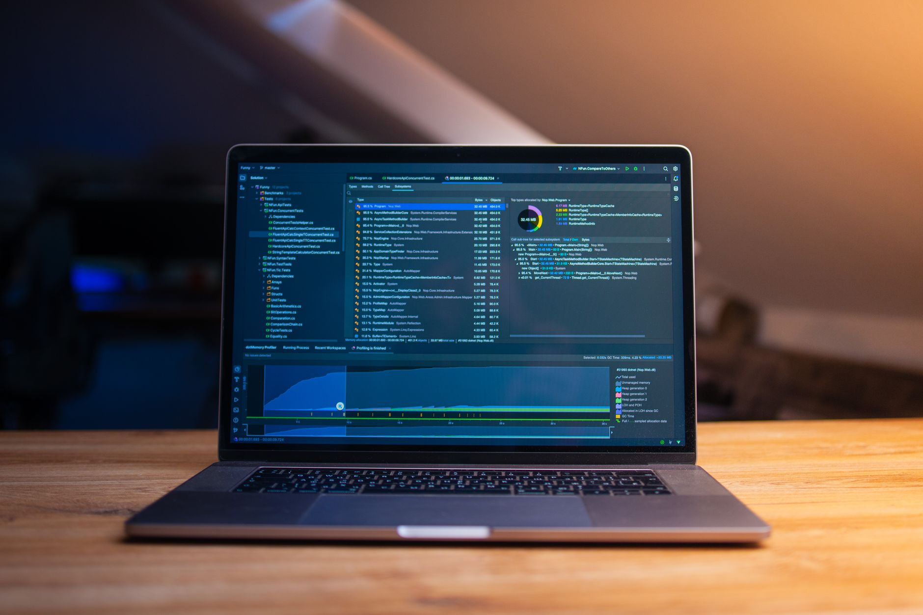 a laptop screen displaying a WordPress dashboard with a plugin update notification highlighted in the admin panel, photographed on a wooden desk