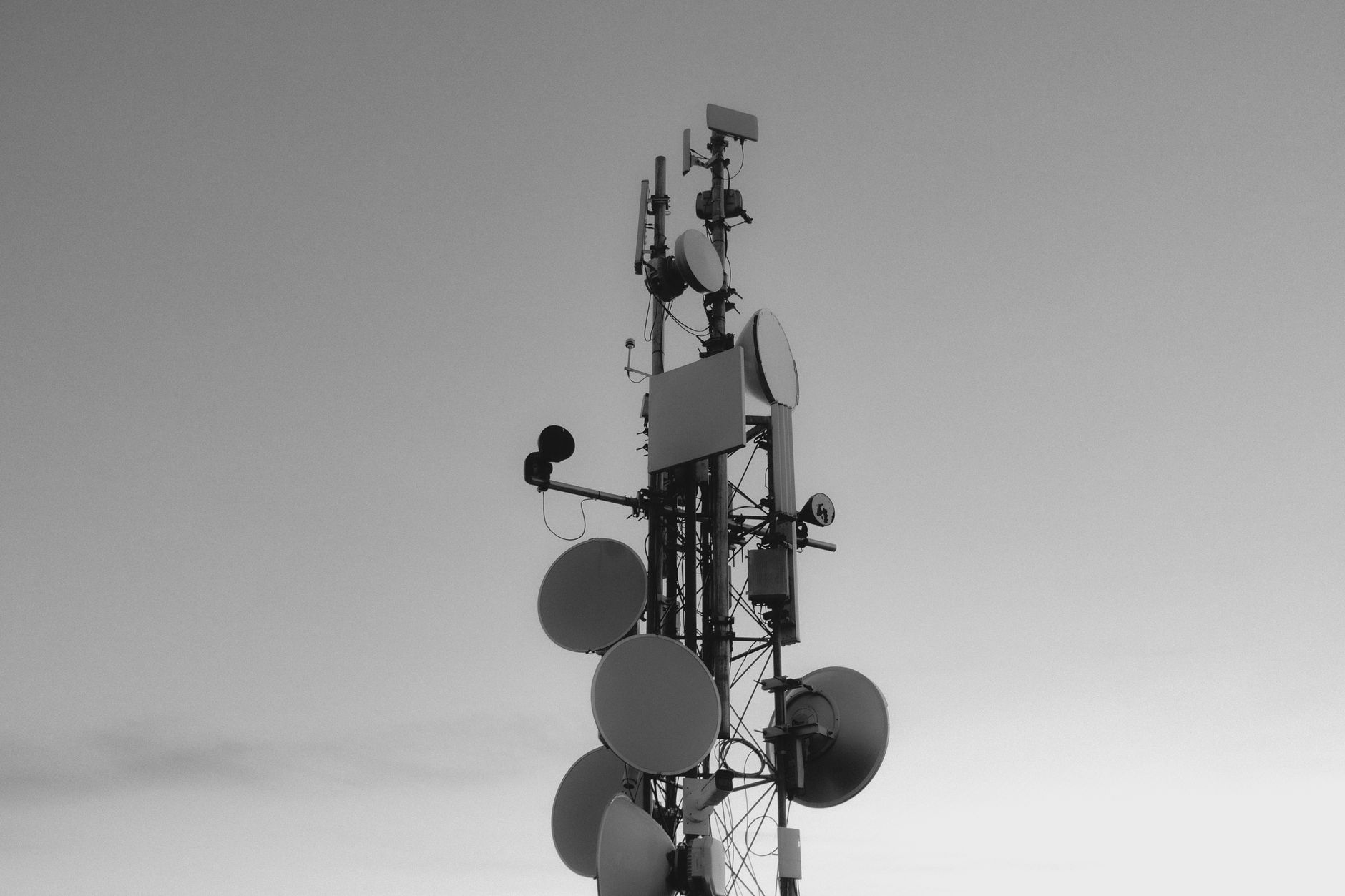 rows of satellite ground station antenna dishes pointing skyward at dusk on an open field