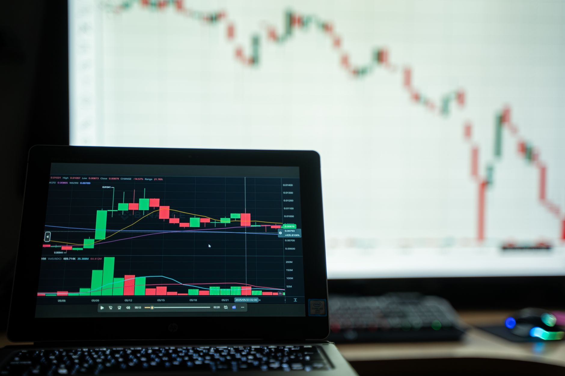 rows of computer monitors displaying cryptocurrency trading dashboards in a dimly lit fintech office, no faces visible