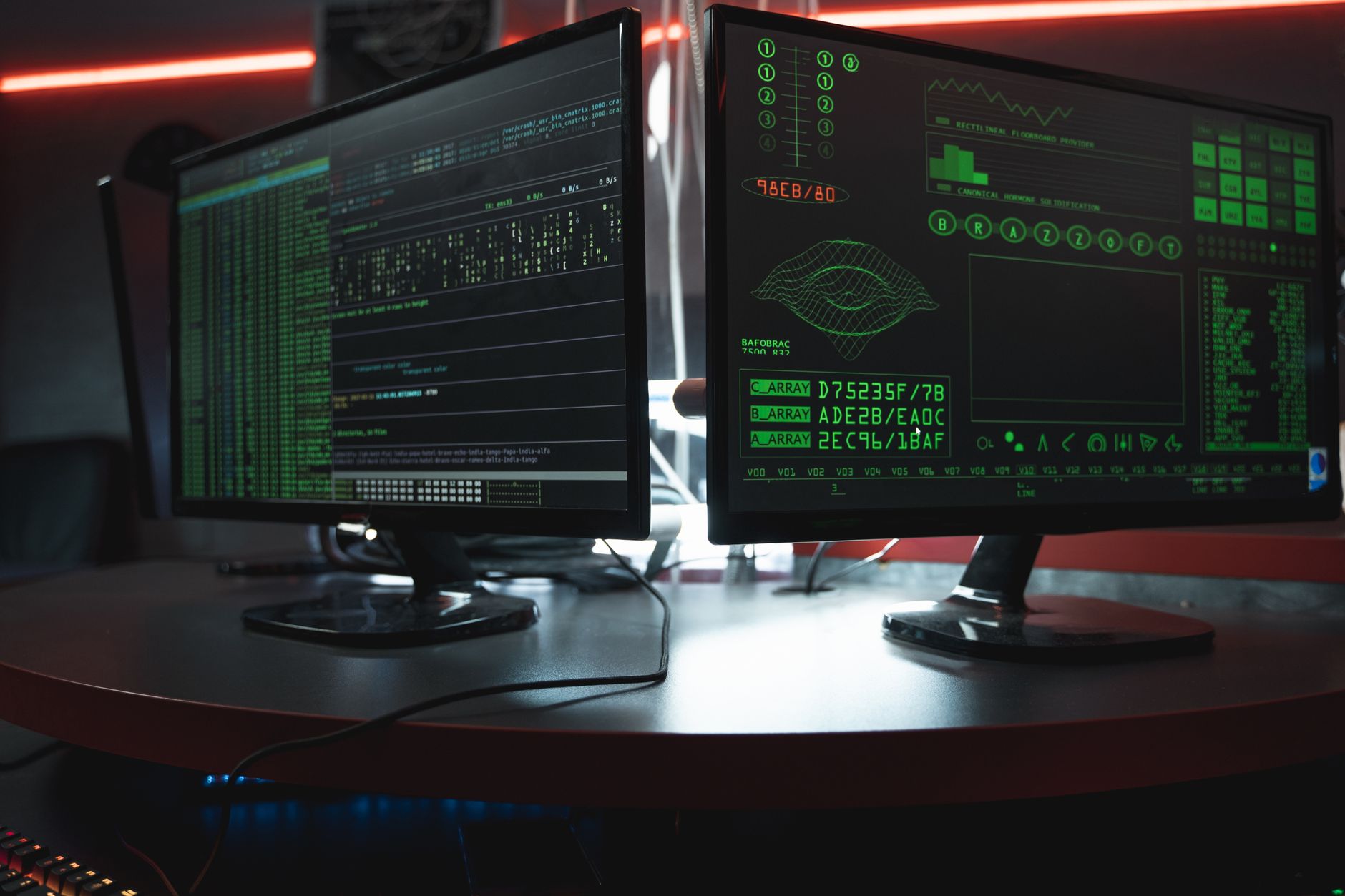 a wide-angle shot of multiple monitor screens displaying security dashboards with vulnerability lists and severity ratings in a dimly lit network operations center
