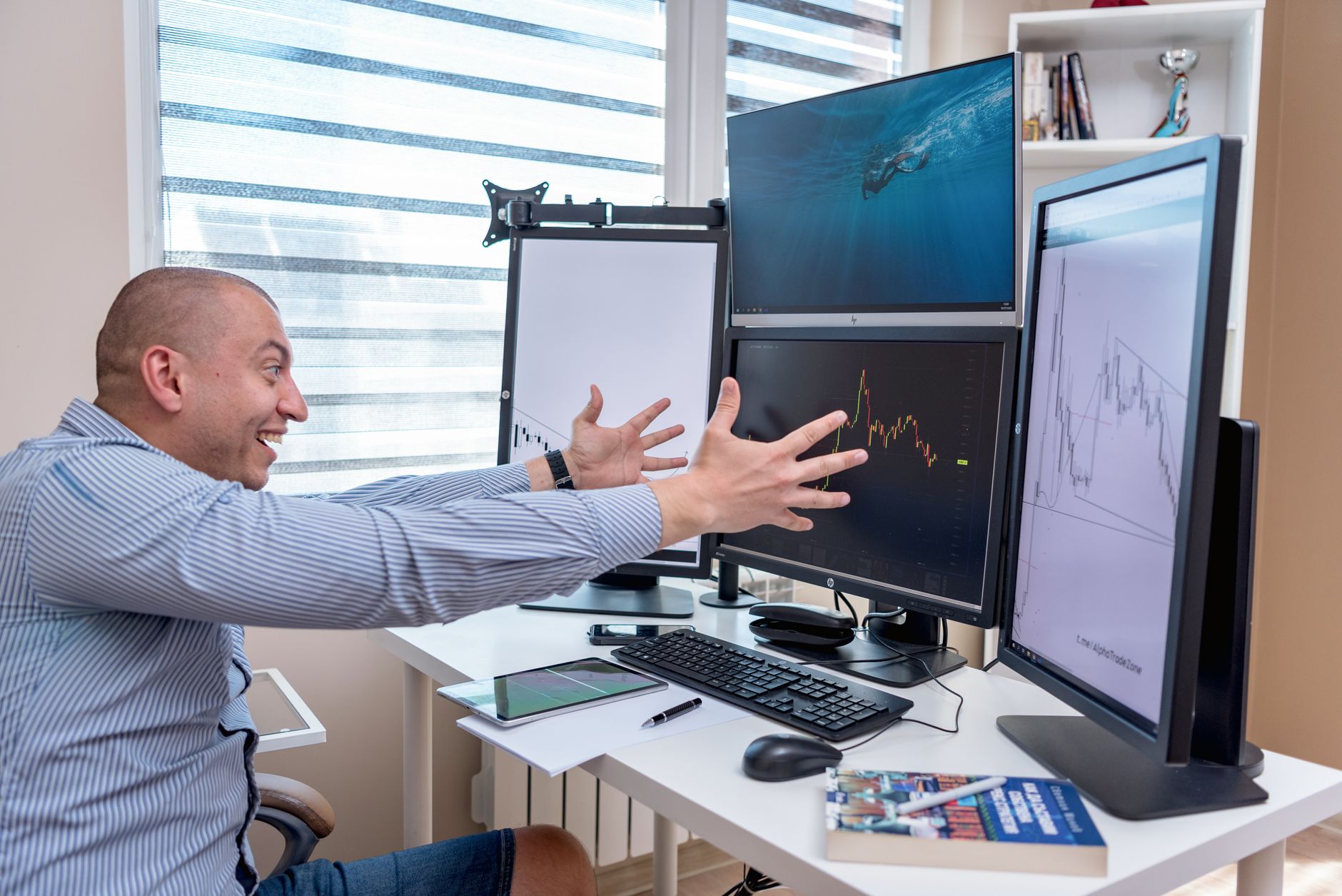 a wide-angle shot of a software testing dashboard displayed on multiple monitors in a quiet, modern open-plan office, screens showing model performance graphs and evaluation metrics