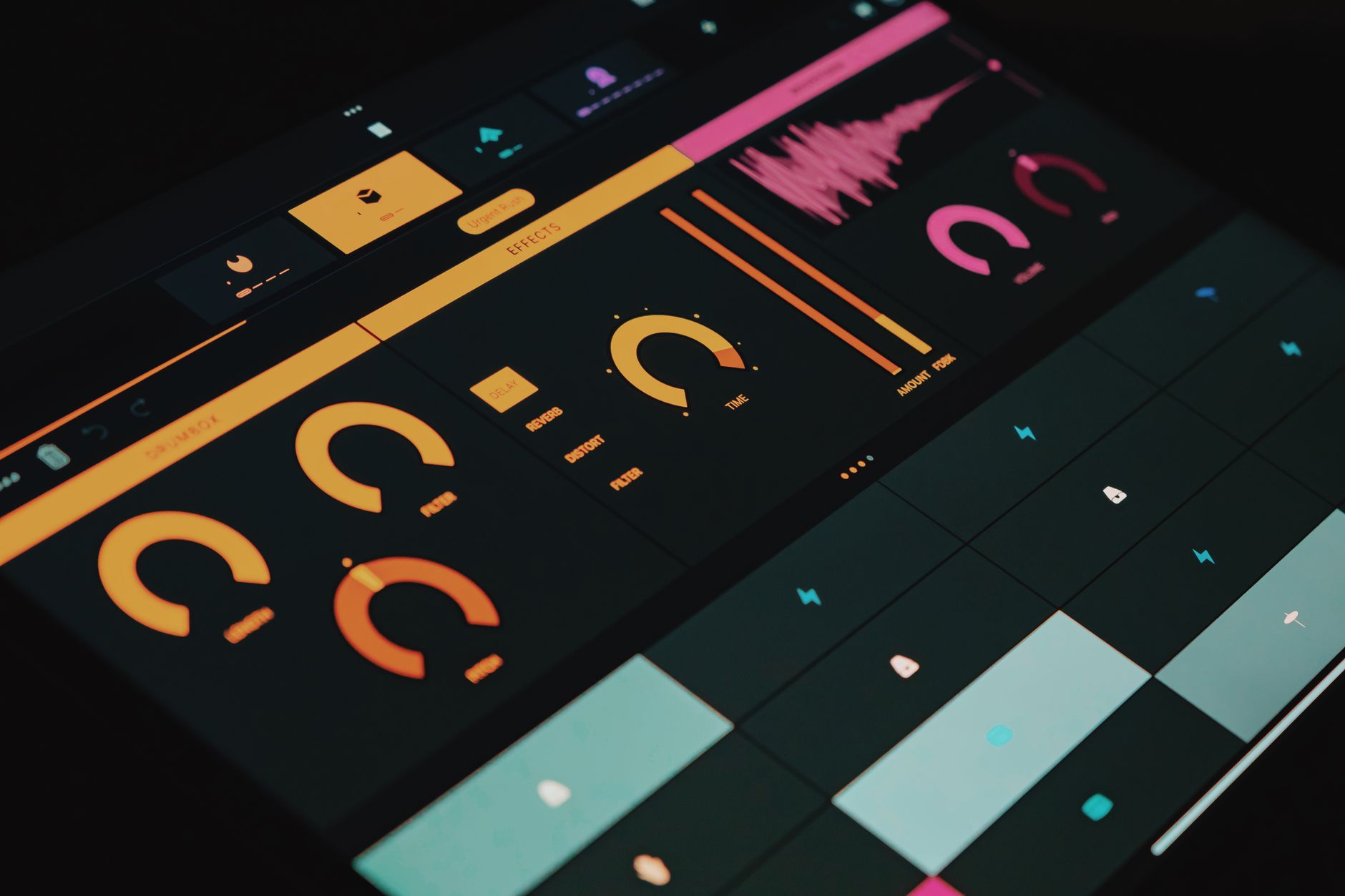 a close-up of a smartphone screen displaying an active call interface with audio waveform visualization, resting on a wooden desk with a keyboard in the background