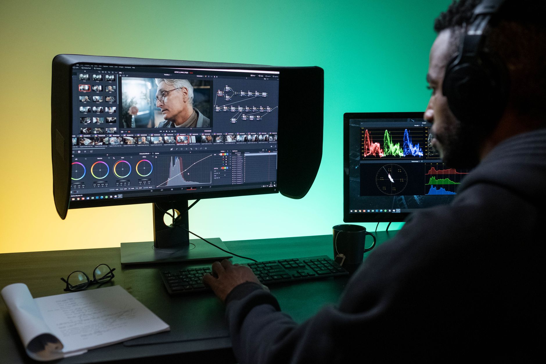 a high-resolution monitor displaying side-by-side video frame comparisons, one pixelated and one sharply upscaled, in a dark creative studio environment