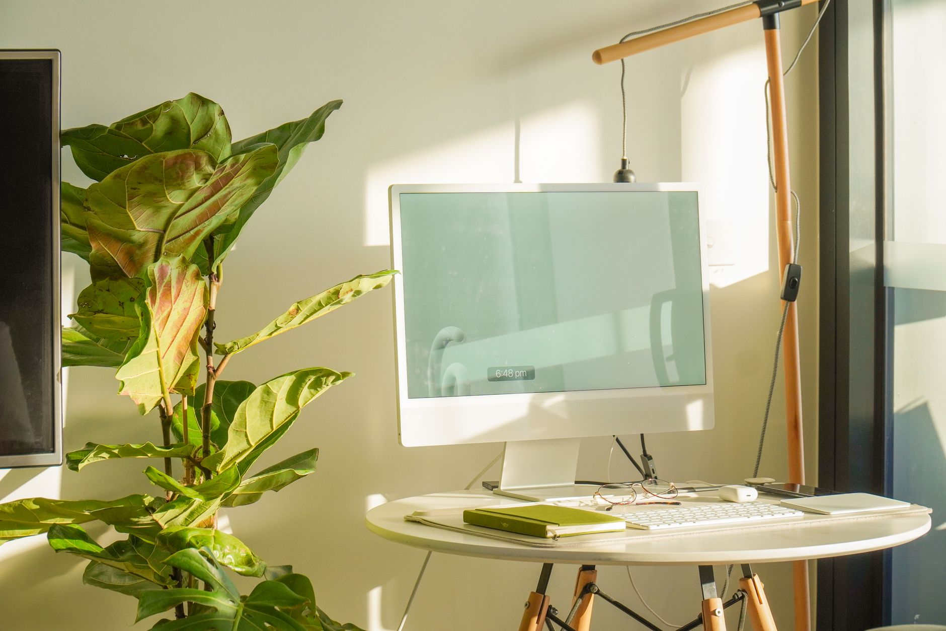 a monitor on a minimalist desk displaying a dense policy document with section headings, surrounded by a tidy office environment with natural light