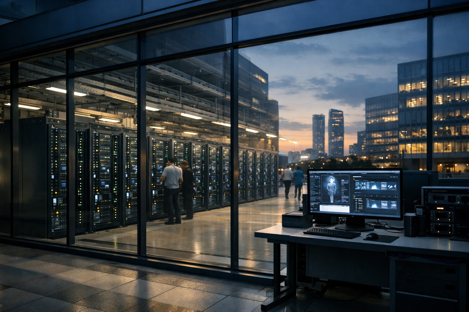 a wide-angle view of a large-scale data center facility in an urban Chinese tech district, rows of server racks visible through floor-to-ceiling glass panels at dusk