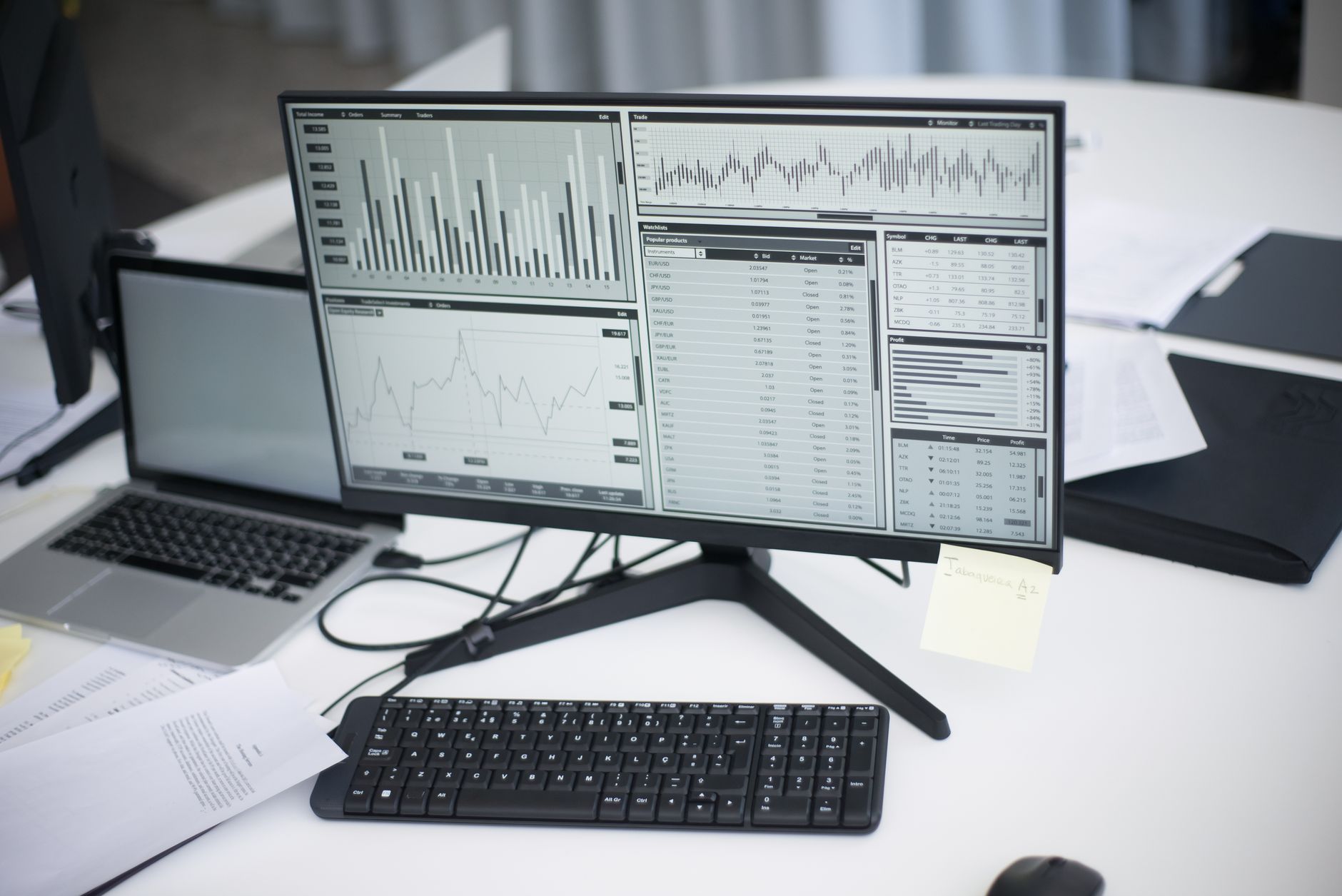 a developer workstation displaying infrastructure monitoring dashboards with colorful telemetry graphs on dual monitors in a dimly lit open-plan office