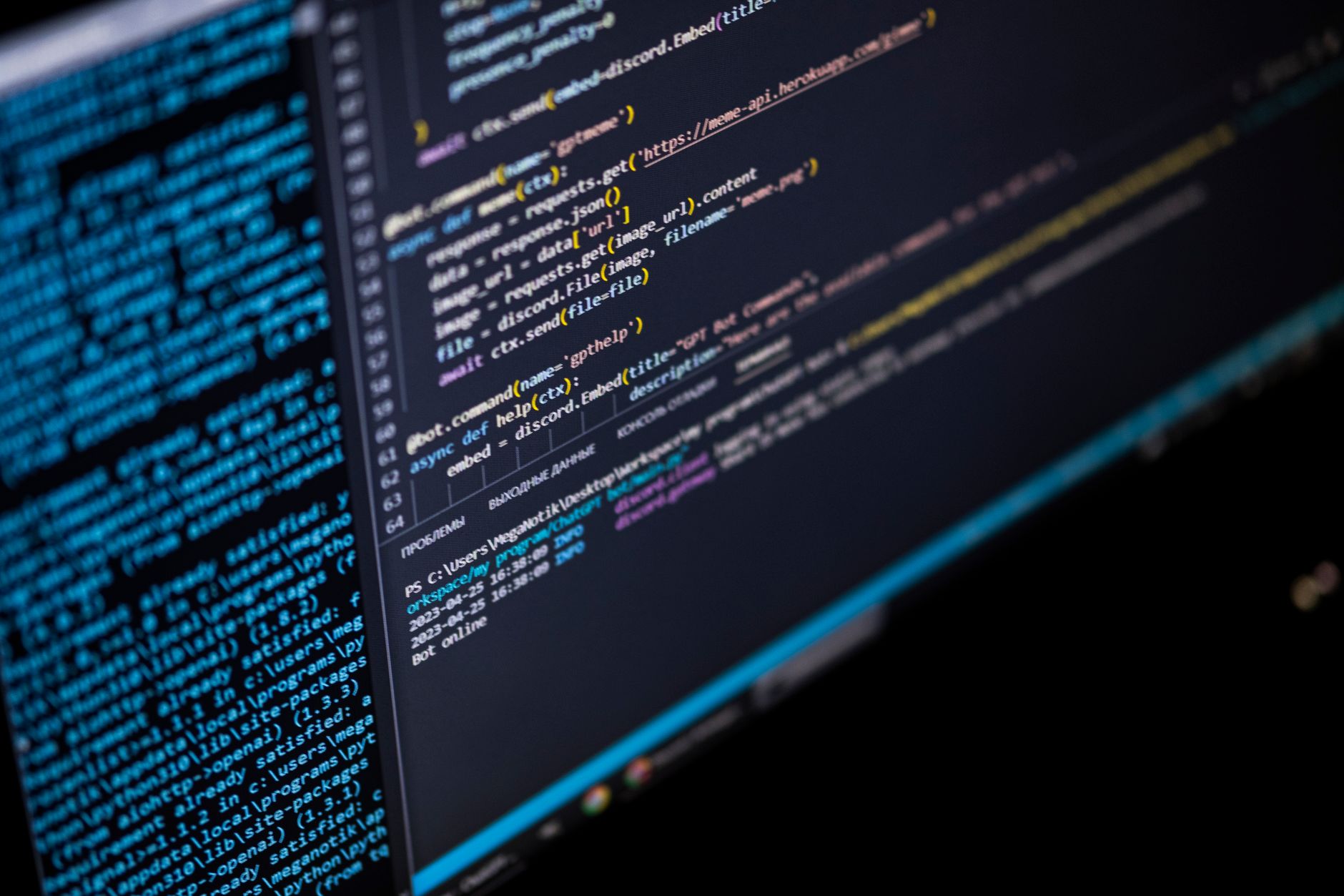 a wall of computer monitors displaying structured search results and API data streams in a dimly lit developer workspace