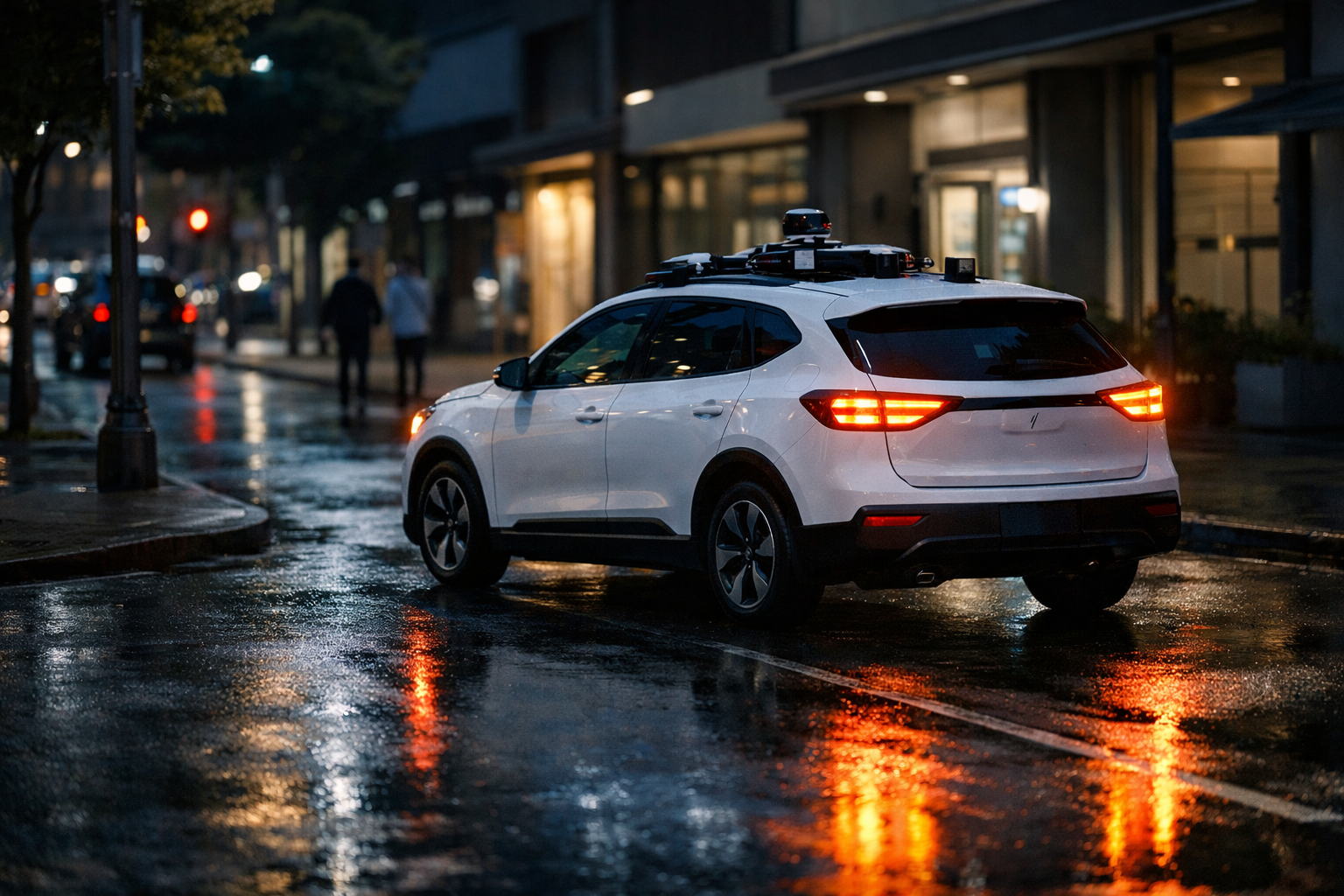 a white autonomous vehicle parked at a curb on a quiet urban street at night, hazard lights reflecting off wet pavement, no occupants visible through the windows