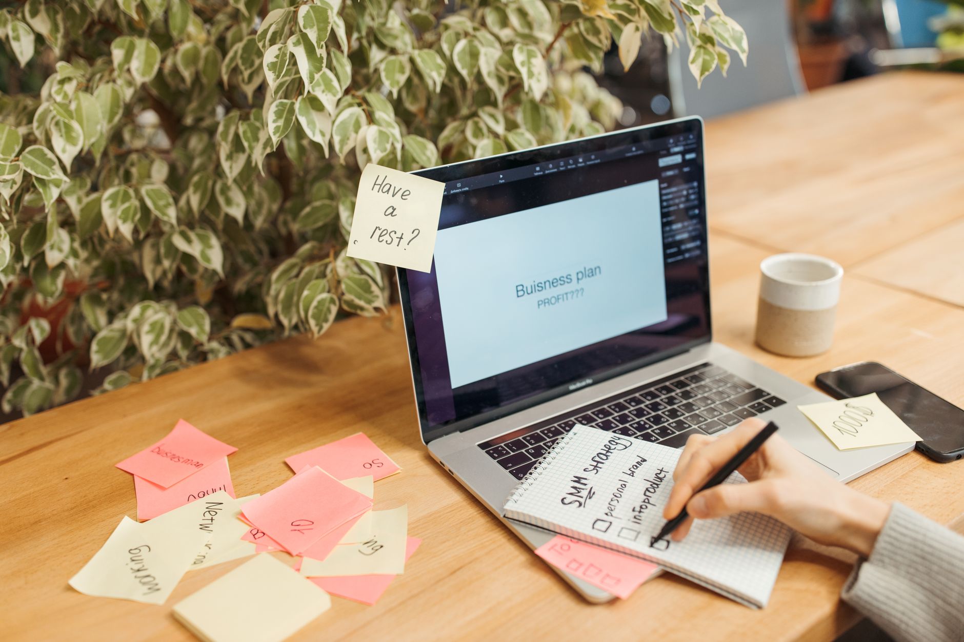 an open laptop on a wooden desk displaying a digital curriculum interface, surrounded by a notebook with handwritten business notes and a small potted plant by a window