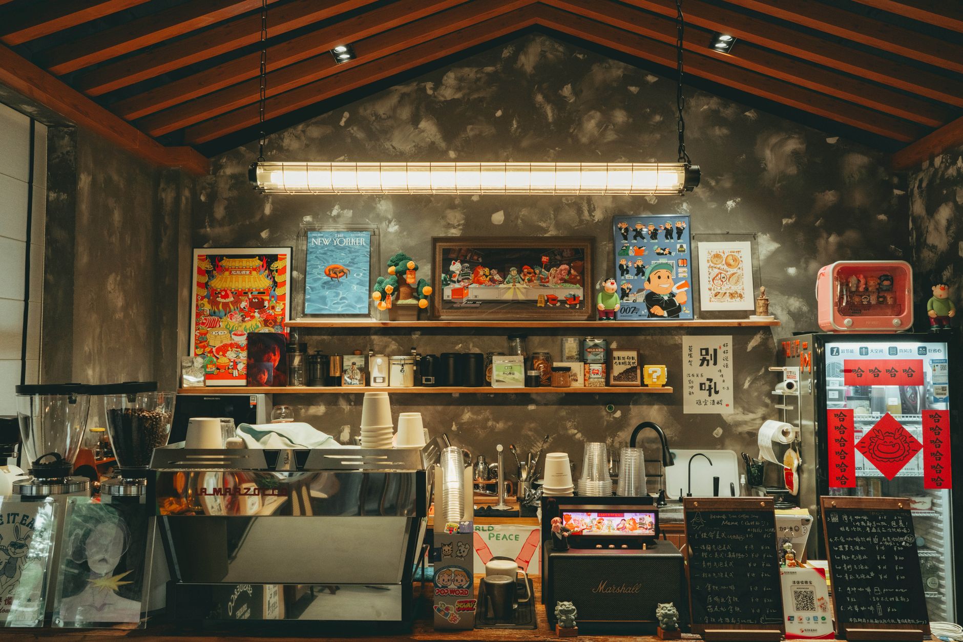 A busy urban café interior with an espresso machine on the counter, steam rising from a group portafilter, wooden tables visible in the background with scattered newspapers and coffee cups