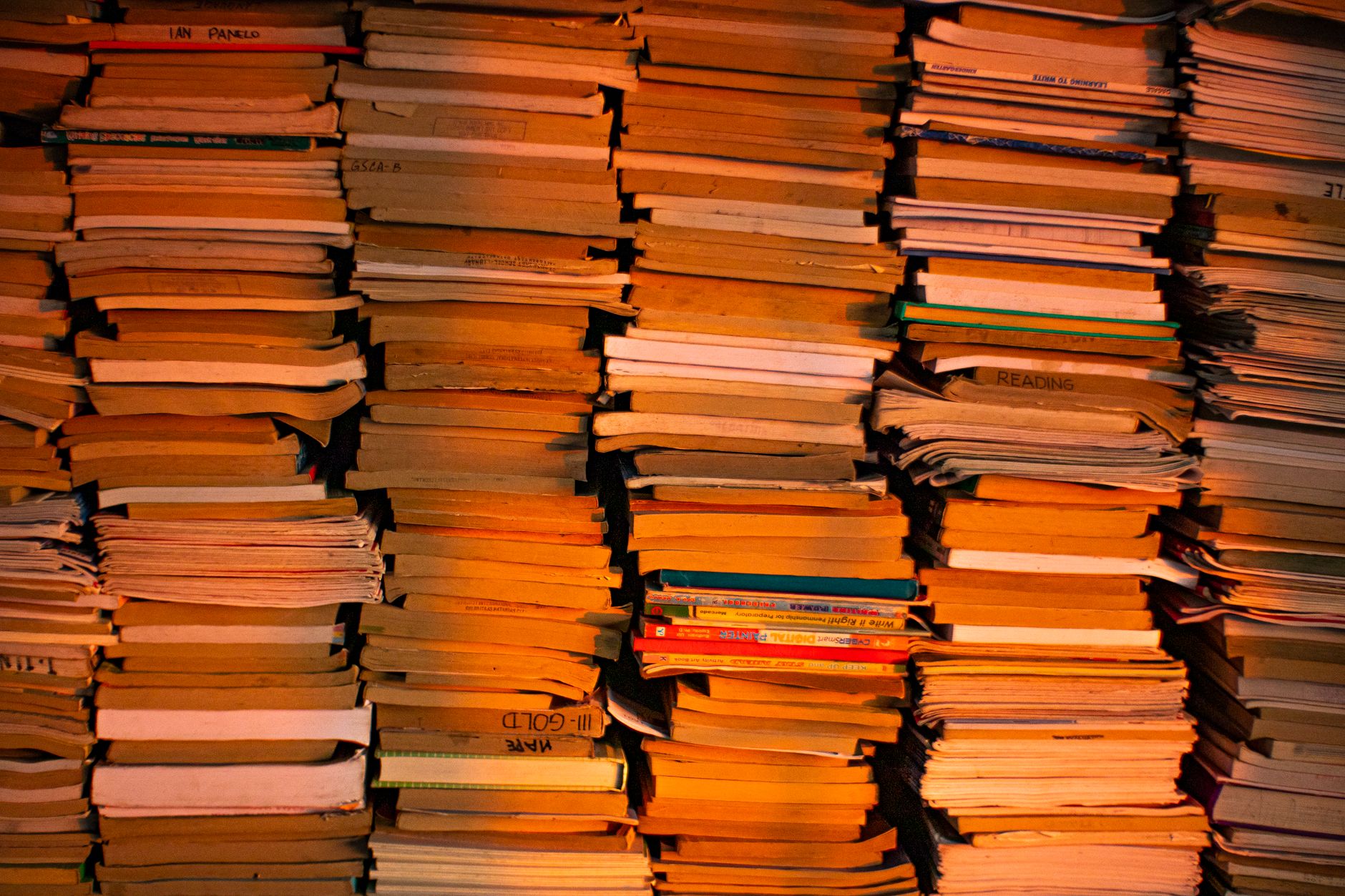 rows of archival binders and printed documents spread across a research library table, lit by warm overhead light